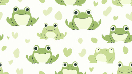 A seamless pattern with cute green frogs and heart shapes on a light background. The whimsical and playful design is perfect for children's themes and nature-inspired decor.