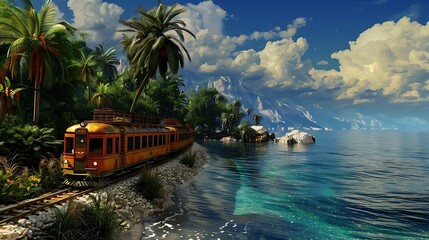 Wall Mural - A scenic train travels along a tropical coastline with lush vegetation and mountains in the background.