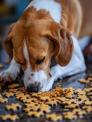 Wall Mural - Beagle dog sniffing at a pile of puzzle pieces.