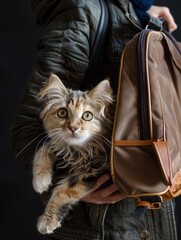 A young woman is holding a fluffy calico kitten in her arms.  She is wearing a green jacket and has a brown backpack on her back.