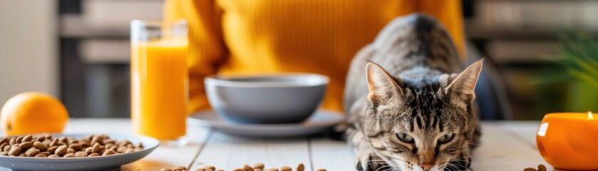 Poster - Close-up of tabby cat looking at camera with orange juice and a bowl of cat food in the background.