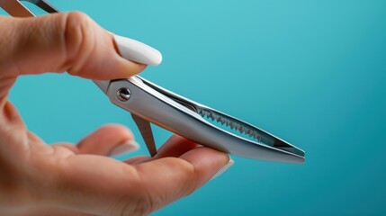 Close-up of a hand holding a silver nail clipper against a turquoise background.