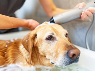 Wall Mural - A golden retriever gets a bath with a handheld shower head, looking intently at the camera with soapy bubbles on its fur.