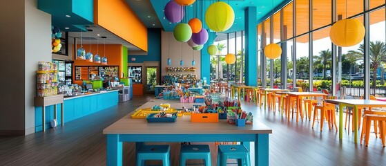 Colorful and vibrant play area designed for children, featuring bright furniture, creative toys, and large windows for natural light.