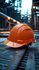 Wall Mural - Close-up of a construction helmet on the background of a construction site and sunset.