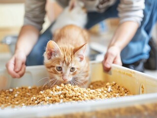 Poster - A ginger cat looks intently at a bowl of dry cat food with a person's hand in the background.