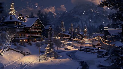 Sticker - A serene winter village scene with snow-covered landscapes and cozy buildings.