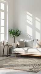 Wall Mural - A spacious living area bathed in soft sunlight features a stylish couch adorned with plush pillows. An elegant side table holds decorative items, while a leafy plant adds a refreshing touch