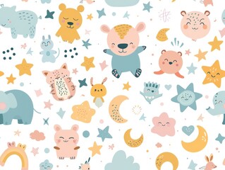 Poster - Cute seamless pattern with cartoon animals, stars, moons, and rainbows for kids.