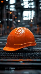 Wall Mural - Close-up of a construction helmet on the background of a construction site and sunset.