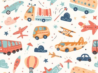 Wall Mural - Colorful seamless pattern with cute cartoon vehicles like planes, buses, cars, hot air balloons and rockets on white background.