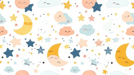 Seamless pattern of cute cartoon clouds, stars, and moons with happy faces on a white background.