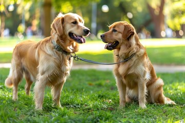 Wall Mural - Two golden retrievers, one standing and one sitting, looking at each other in a green field.