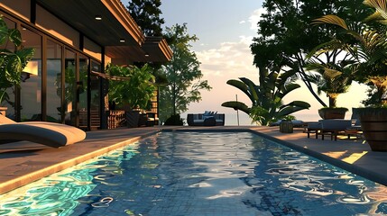 Wall Mural - A serene poolside scene surrounded by lush greenery and modern architecture.