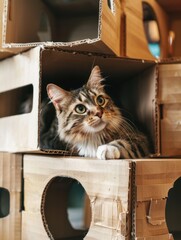 Poster - A tabby cat peeks out of a cardboard box with curious eyes.