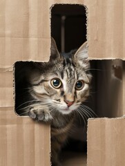 Poster - A curious cat peering through a hole in a cardboard box, with its paw outstretched and its whiskers twitching.