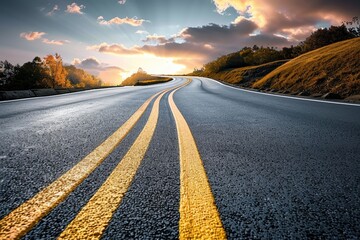 Close-up of a road arrow pointing forward, leading towards a glowing sunset through a tree-lined path in golden light.. Beautiful simple AI generated image