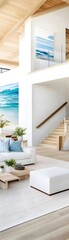 Wall Mural - Modern living room with ocean view artwork and wooden staircase.