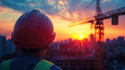 Wall Mural - Close-up of a construction helmet on the background of a construction site and sunset.