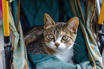 Poster - A tabby cat sits inside a blue and yellow stroller, looking directly at the camera.