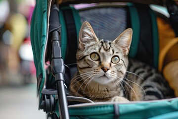 Poster - A tabby cat sits in a teal stroller, looking up with big green eyes.