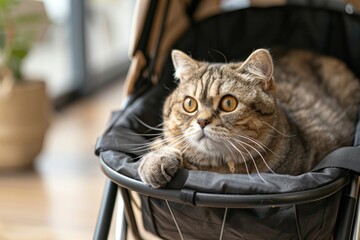 Poster - A close-up of a tabby cat sitting inside a pet stroller looking curiously around.