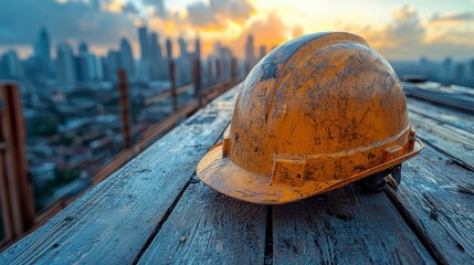 Wall Mural - Close-up of a construction helmet on the background of a construction site and sunset.