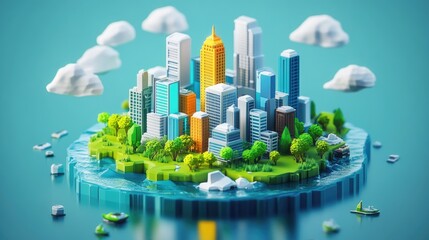 Beautiful 3D isometric low poly island with a futuristic city, vibrant and colorful, perfect for crafting design backgrounds