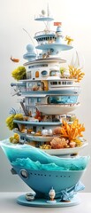 Wall Mural - Luxury Yacht With Coral Reefs and Fish