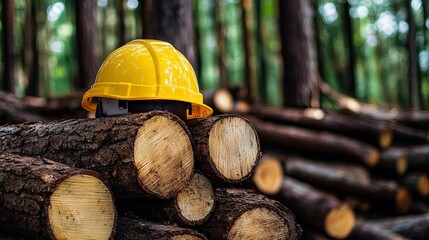 A close-up of a yellow safety helmet resting on a stack of logs in a forest