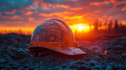 Wall Mural - Close-up of a construction helmet on the background of a construction site and sunset.