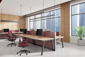 Sticker - Modern open space office interior with city view. 3D Rendering