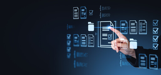 Fototapete - Hand interacting with digital document icons on dark background.