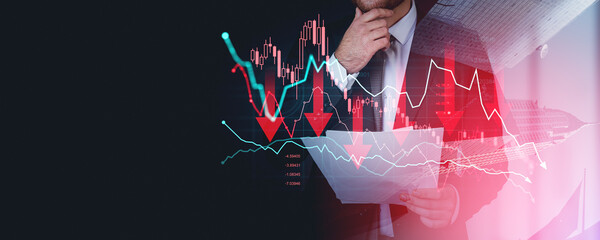 Poster - Businessman analyzing financial charts with falling graphs and red arrows