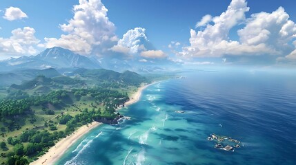 Canvas Print - A scenic coastal landscape featuring mountains, beaches, and vibrant blue waters.