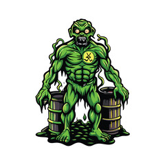 a monstrous green creature, mutated and grotesque, stands over two barrels, glowing green with a fie