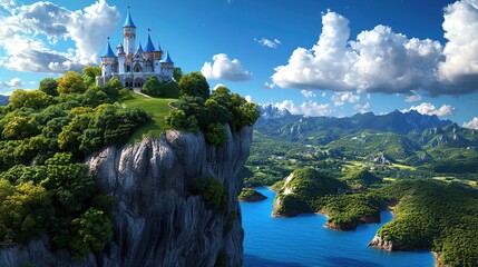 Wall Mural - A magnificent castle atop a cliff, surrounded by lush landscapes and a serene lake under a bright blue sky with fluffy clouds.