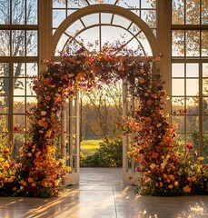 Wall Mural - arafed arch of flowers in front of a window with a view of a field