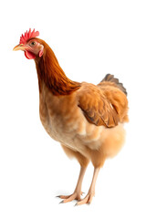 Wall Mural - A close-up of a brown chicken with a reddish-brown comb and wattles, standing against a white background. The chicken has a plump body and detailed feathers, showcasing its natural beauty.