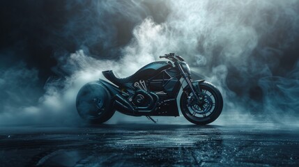 Wall Mural - A black cafe racer-style motorcycle in a dramatic image, surrounded by white smoke on a wet surface, creating a mysterious and foreboding atmosphere.