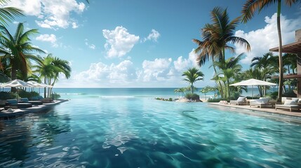 Poster - A serene infinity pool overlooking a tranquil beach and palm trees under a bright sky.