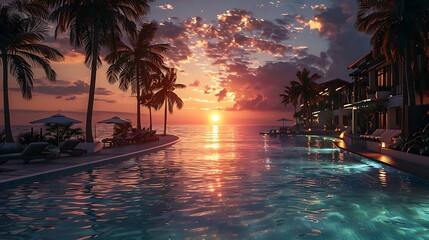 Canvas Print - Serene sunset over a tranquil poolside with palm trees and a peaceful ocean view.