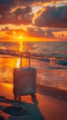 Wall Mural - A solitary white suitcase on a beach at sunset, surrounded by warm hues from the setting sun and reflected in the ocean, evokes solo travel and tranquil beauty.