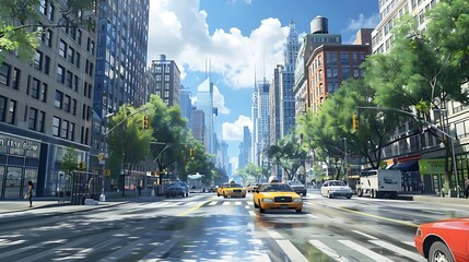 Wall Mural - A vibrant city street scene with skyscrapers, trees, and yellow taxis under a blue sky.