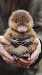 A cute baby platypus being held by someone, very fluffy and adorable, photorealistic animal portrait, ideal for wildlife and conservation projects Generative AI