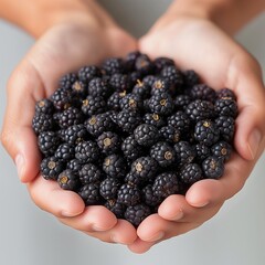 Wall Mural - Hands holding a bunch of fresh blackberries, emphasizing organic and healthy living