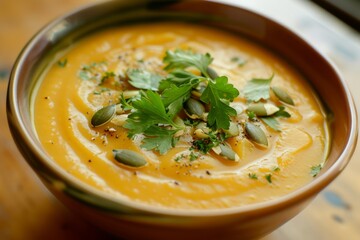 A steaming bowl of vibrant pumpkin soup garnished with fresh parsley, pumpkin seeds, and a sprinkle of black pepper, served on a rustic wooden table.