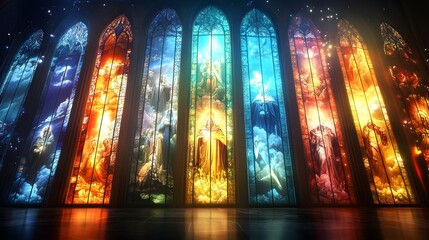 Canvas Print - Colorful Stained Glass Windows in a Dark Church Interior.