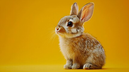 A Close-Up of a Brown Rabbit Against a Yellow Background