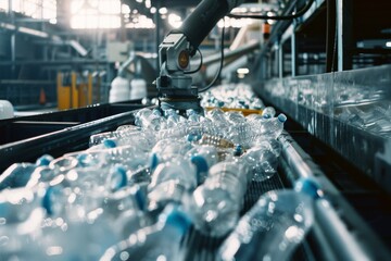 A bustling recycling plant with conveyor belts filled with plastic bottles being sorted, highlighting industrial efforts in waste management and sustainability.